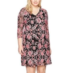 Anthropologie x Adrianna Papell Mini Dress Crochet Lace Floral Black Pink 16